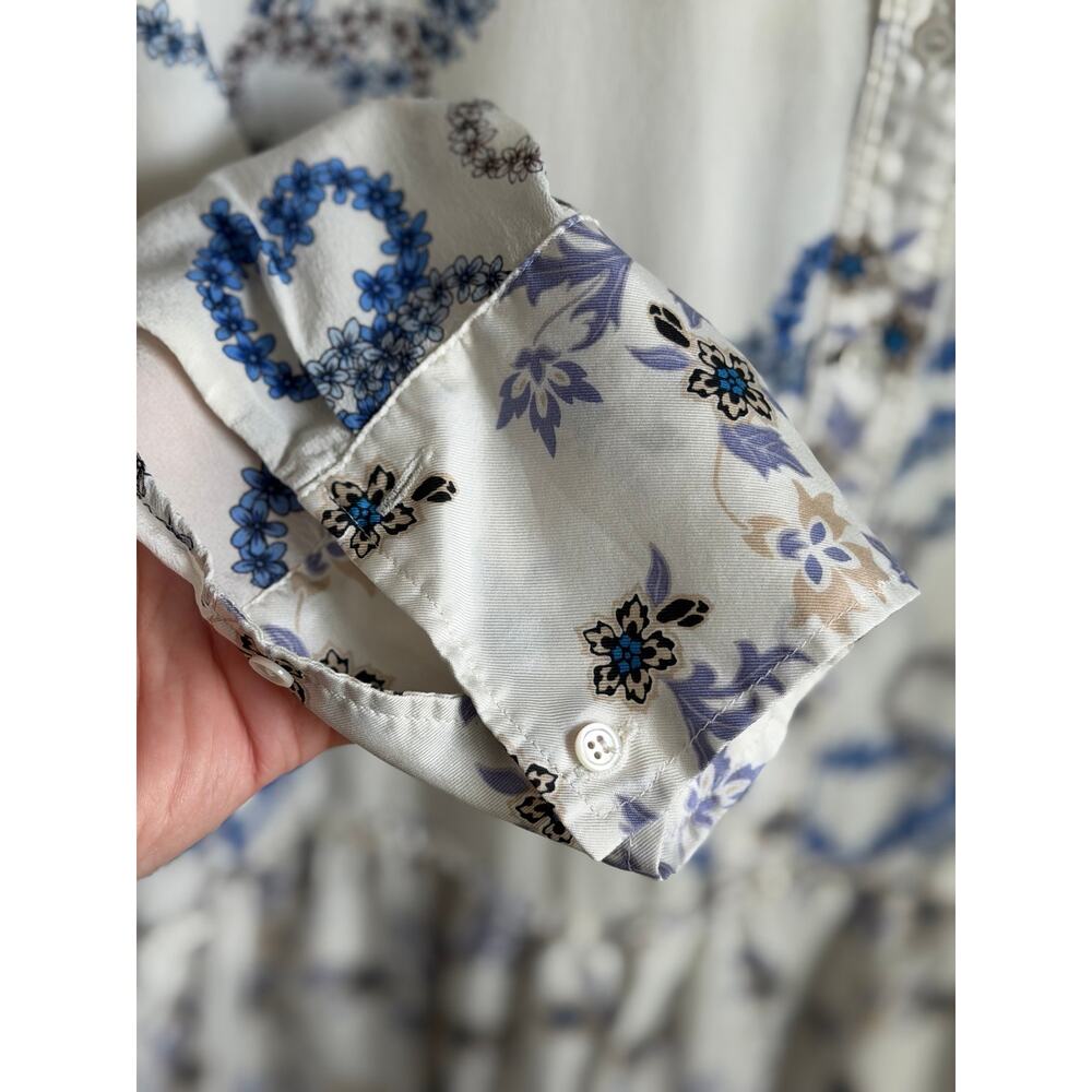 Sandro Paris Heart Print Long Sleeve Mini Shirt Dress White Blue Silk EU 38 M - Picture 5 of 11